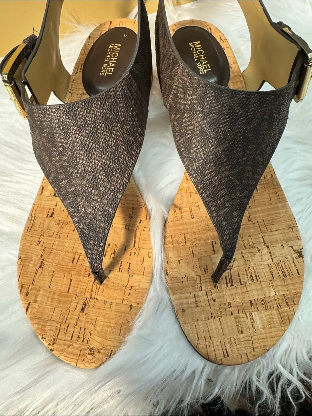 Michael Kors NEW Brown MK Logo Cork Thong Sandals with Gold Buckle